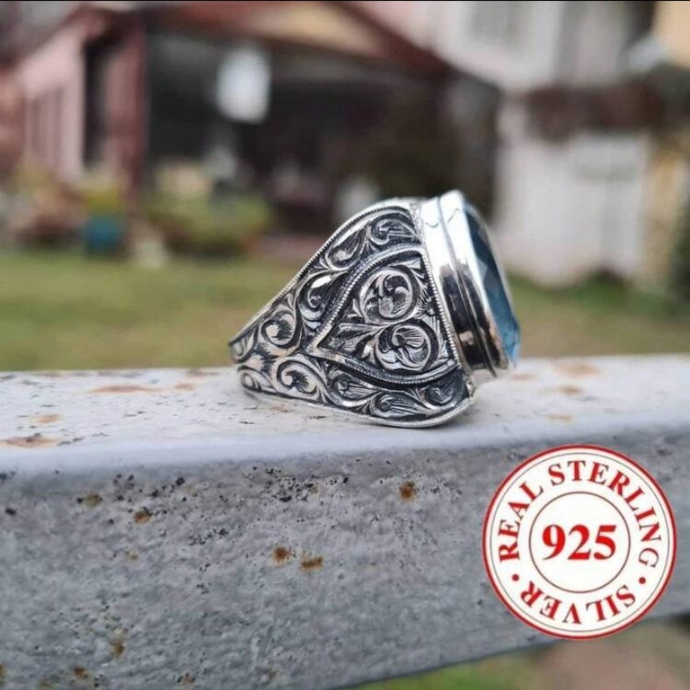 Artisan, Boho, Vintage Style Ottoman Style 925 Sterling Silver Aquamarine Ring - Picture 5 of 6
